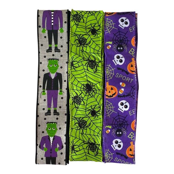 Halloween Ribbon Bundle – Frankenstein, Spider Web & Skull Wired Ribbons - Picture 1 of 5